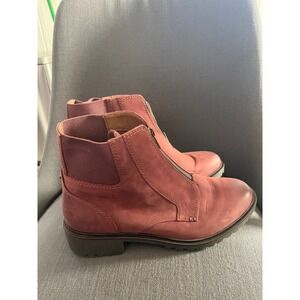 Cobb Hill Womens Red Leather Side Zip Ankle Boots Block Heel Fashion Shoes
